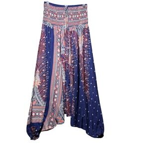 Bohemian Harem Pants Navy Red‎ White Elastic Cuff Waist Festival Rayon Paisley